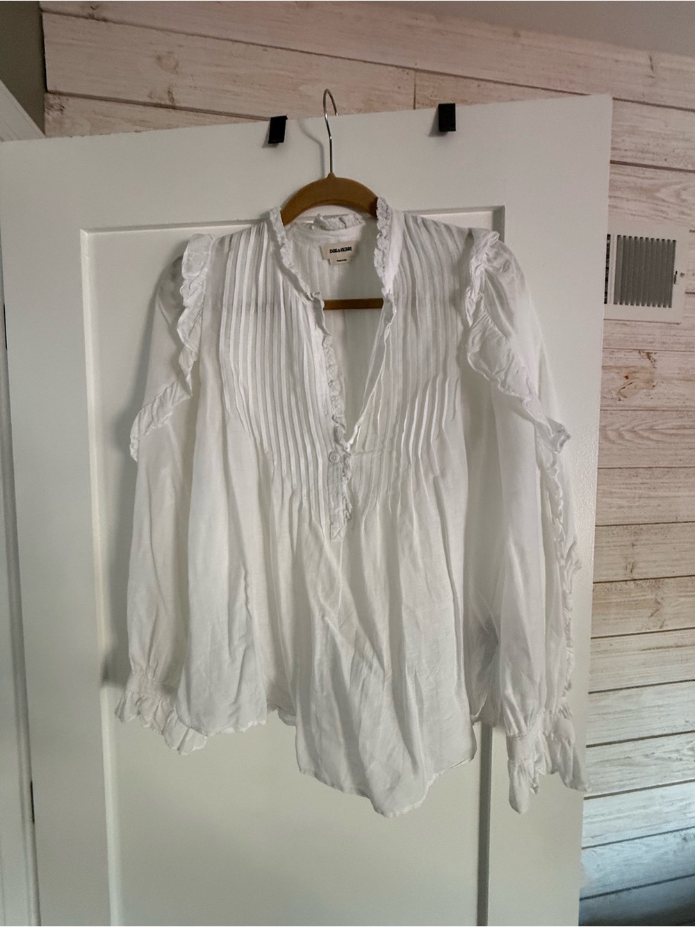 Zadig & Voltaire White Pintuck Ruffle Blouse
